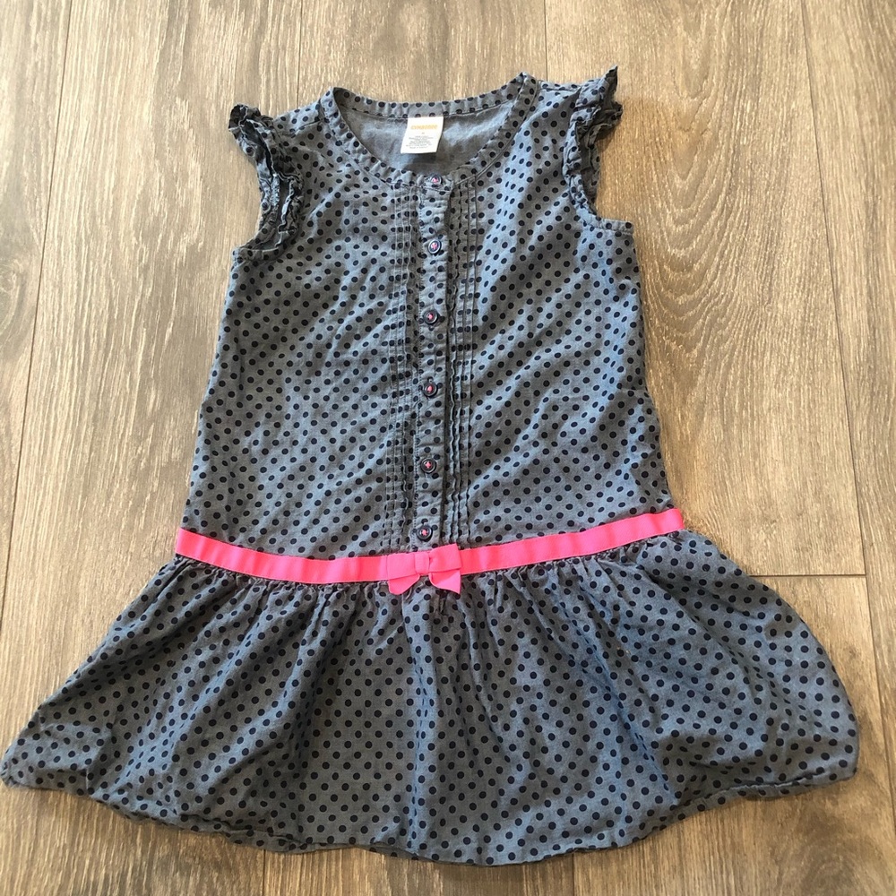 Gymboree Girls 5T Polkadot Summer Dress Blue +Black With Pink Ribbon 100% Cotton